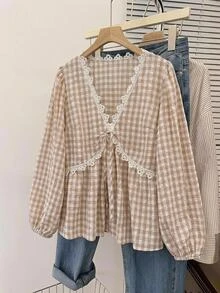 SHEIN CURVE+ Plus Size Elegant A Line Old Money Capsule Plaid Casual Shirt With Lace Trim Fall Party Formal White - Multicolor - View 3