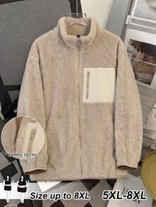 SHEIN CURVE+ جاكيت شتوي كاجوال مقاس كبير قابل للقلب من الصوف مع تصميم رقعات - لون مشمشي - مشاهدة 8