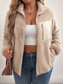 SHEIN CURVE+ جاكيت شتوي كاجوال مقاس كبير قابل للقلب من الصوف مع تصميم رقعات - لون مشمشي - مشاهدة 3