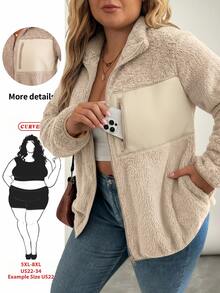 SHEIN CURVE+ جاكيت شتوي كاجوال مقاس كبير قابل للقلب من الصوف مع تصميم رقعات - لون مشمشي - مشاهدة 1