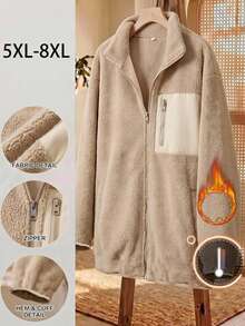 SHEIN CURVE+ جاكيت شتوي كاجوال مقاس كبير قابل للقلب من الصوف مع تصميم رقعات - لون مشمشي - مشاهدة 4