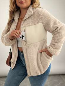 SHEIN CURVE+ جاكيت شتوي كاجوال مقاس كبير قابل للقلب من الصوف مع تصميم رقعات - لون مشمشي - مشاهدة 9