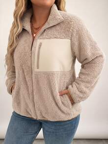 SHEIN CURVE+ جاكيت شتوي كاجوال مقاس كبير قابل للقلب من الصوف مع تصميم رقعات - لون مشمشي - مشاهدة 7