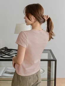 Dazy-Less Women's Solid Color V-Neck Short Sleeve T-Shirt, Summer Old Money Style Business Casual Woman Work Clothes - Dusty Pink - View 4