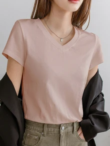 Dazy-Less Women's Solid Color V-Neck Short Sleeve T-Shirt, Summer Old Money Style Business Casual Woman Work Clothes - Dusty Pink - View 1