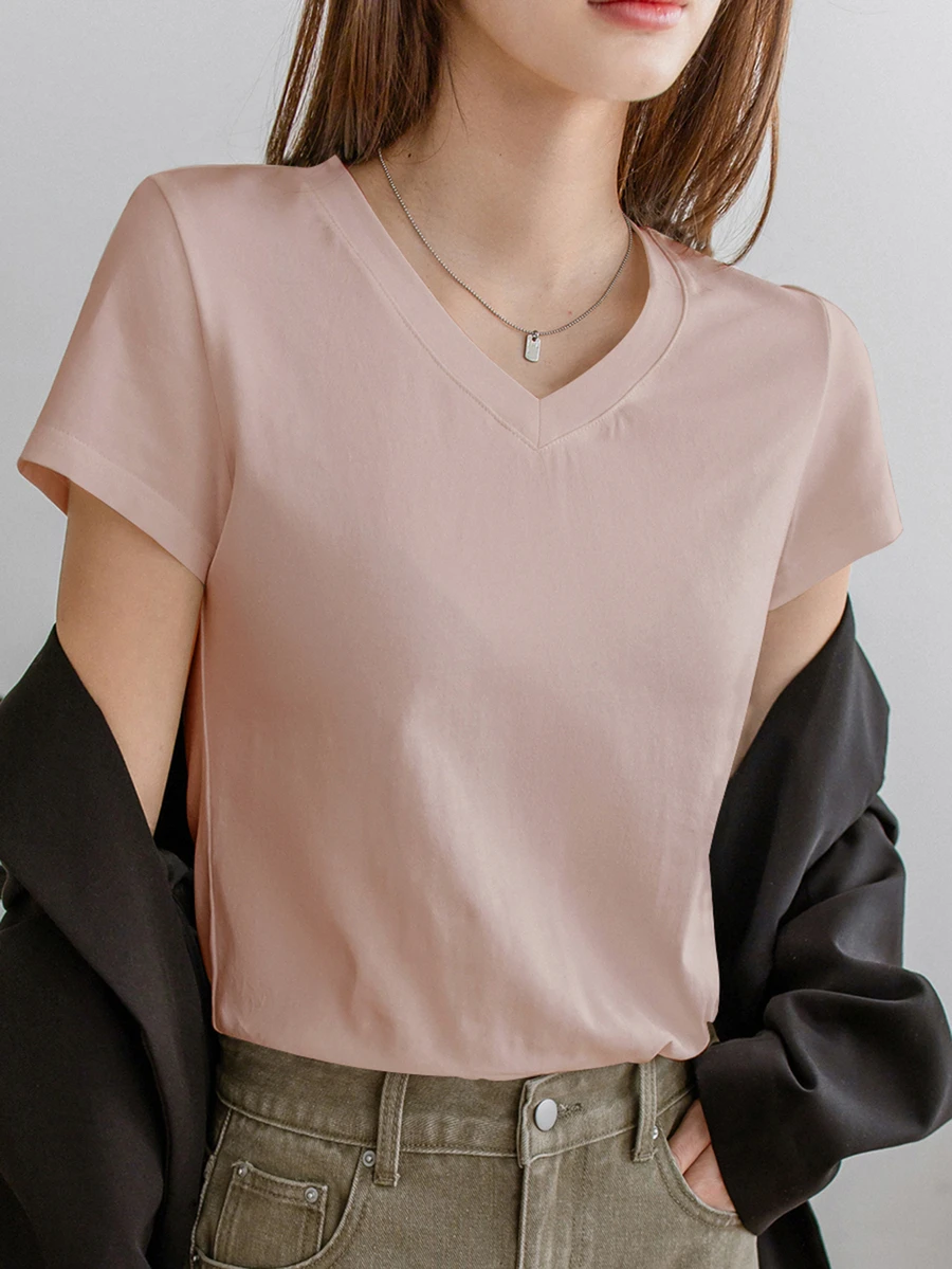 Dazy-Less Women's Solid Color V-Neck Short Sleeve T-Shirt, Summer Old Money Style Business Casual Woman Work Clothes - Dusty Pink - View 1