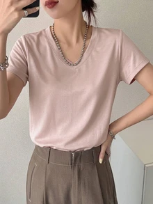 Dazy-Less Women's Solid Color V-Neck Short Sleeve T-Shirt, Summer Old Money Style Business Casual Woman Work Clothes - Dusty Pink - View 7