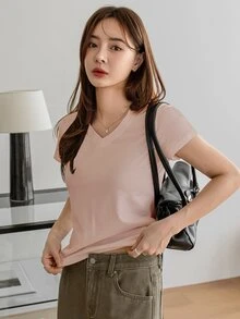 Dazy-Less Women's Solid Color V-Neck Short Sleeve T-Shirt, Summer Old Money Style Business Casual Woman Work Clothes - Dusty Pink - View 5