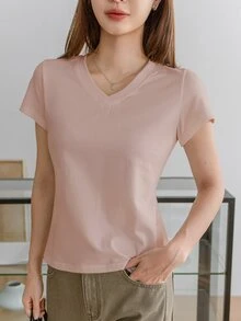 Dazy-Less Women's Solid Color V-Neck Short Sleeve T-Shirt, Summer Old Money Style Business Casual Woman Work Clothes - Dusty Pink - View 2