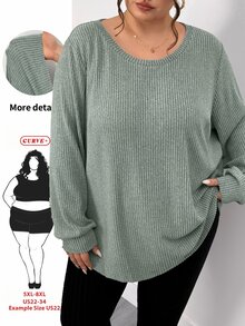 SHEIN CURVE+ Women Plus Size T-Shirt 22W, Autumn/Winter Solid Color Ribbed Comfortable Crew Neck Long Sleeve Casual T-Shirt Fall - Green - View 1