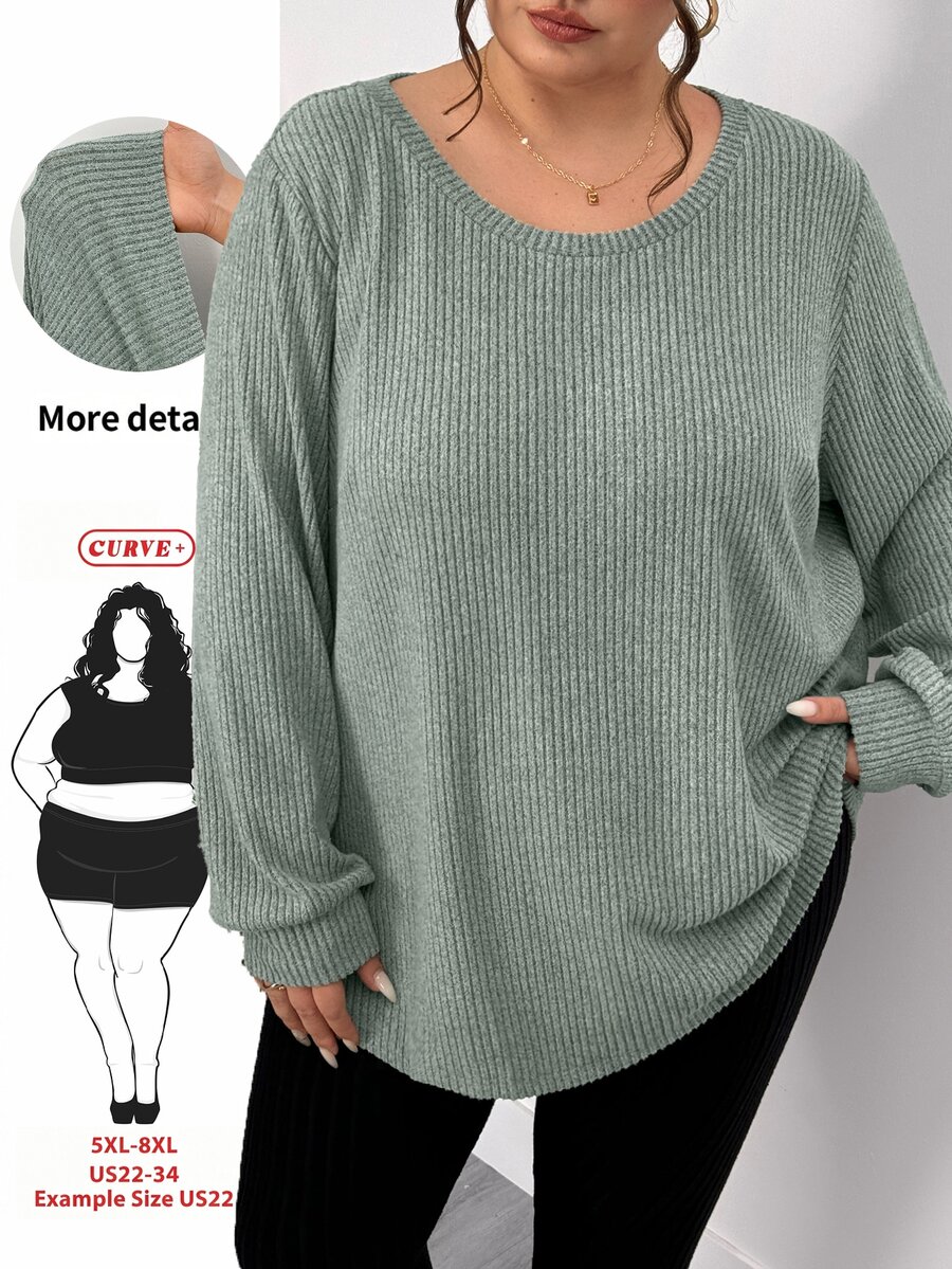 SHEIN CURVE+ Women Plus Size T-Shirt 22W, Autumn/Winter Solid Color Ribbed Comfortable Crew Neck Long Sleeve Casual T-Shirt Fall - Green - View 1