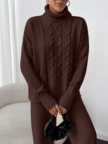 SHEIN طقم قطعتين مقاس كبير لون بني سادة كنزة صوفية بياقة عالية مضلعة مع تفاصيل تريكو كابل وبنطال طويل محبوك فضفاض أنيق مناسب للمناسبات الرسمية والعطلات والسهرات والاسترخاء بتصميم كورسيه - بني - مشاهدة 3
