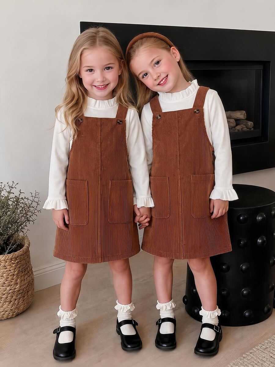 Young Girls Pocket Decor Short Pinafore Dress Thanksgiving White Fall Robe Elegant Chic, Fall Clothes, Christmas Autumn Brown Winter - Brown - View 1
