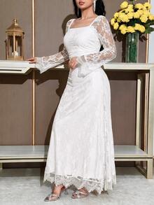 Feyla Women's Elegant Party Solid Color Lace Dress - White - View 3