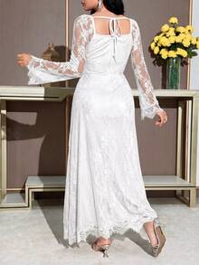 Feyla Women's Elegant Party Solid Color Lace Dress - White - View 2