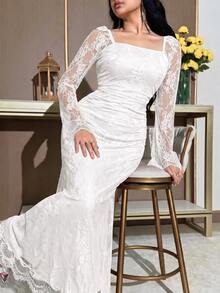 Feyla Women's Elegant Party Solid Color Lace Dress - White - View 7