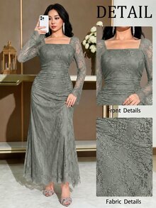 Feyla Women's Elegant Party Solid Color Lace Dress - Gray green - View 1
