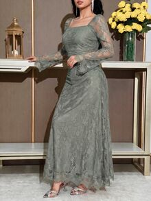 Feyla Women's Elegant Party Solid Color Lace Dress - Gray green - View 4
