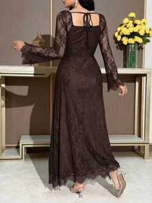 Feyla Women's Elegant Party Solid Color Lace Dress - Coffee Brown - View 2