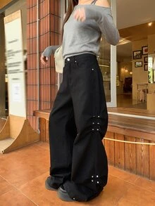 DAZY Women's Casual Heavy Rivet Korean Style Solid Color Streetwear Aesthetic Jeans - Black - View 6