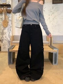 DAZY Women's Casual Heavy Rivet Korean Style Solid Color Streetwear Aesthetic Jeans - Black - View 9
