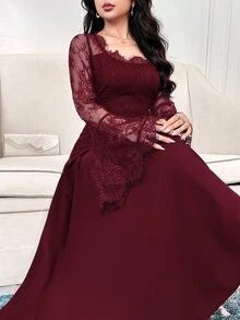 Feyla New Square Neck Hollow Lace Patchwork Cinched Waist Back Tie A-Line Elegant Banquet Luxury Dress - Burgundy - View 5