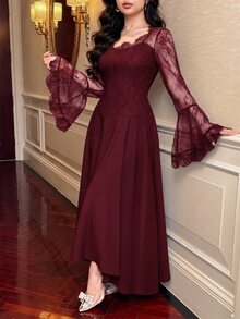 Feyla New Square Neck Hollow Lace Patchwork Cinched Waist Back Tie A-Line Elegant Banquet Luxury Dress - Burgundy - View 6