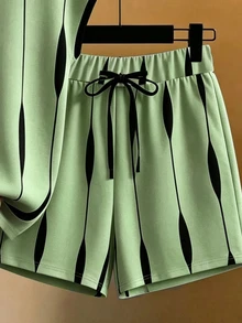 SHEIN Franclia Women's Casual Athleisure Streetwear Round Neck Green Striped Colorblock T-Shirt And Drawstring Waist Shorts Set For Commuting Lounge Summer - Green - View 4