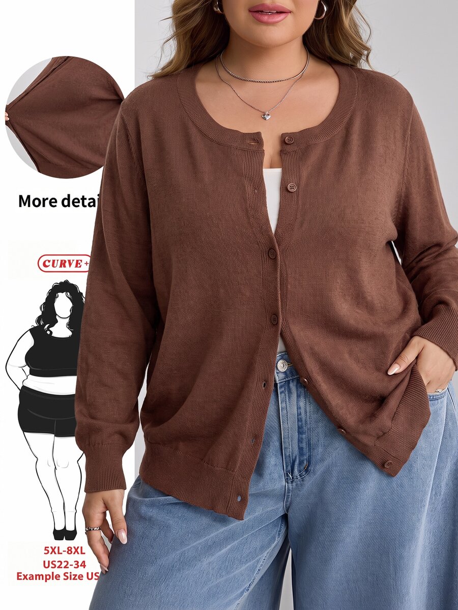 SHEIN CURVE+ 大尺碼休閒純色圓領長袖寬鬆女款黃色針織開襟衫
