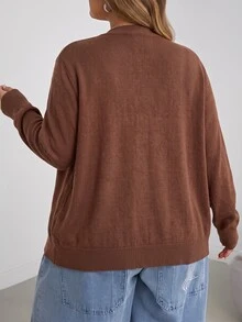 SHEIN CURVE+ 大尺碼休閒純色圓領長袖寬鬆女款黃色針織開襟衫 - 棕色 - 查看 3