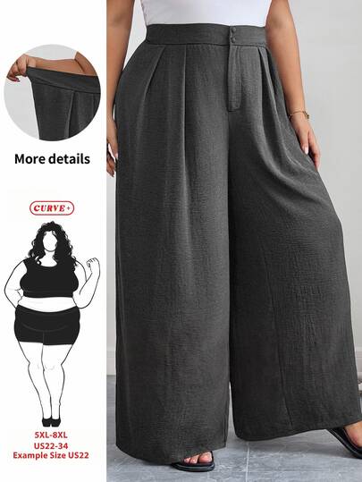 SHEIN CURVE+ Calças casuais retas de cintura alta pretas para mulher plus size, moda minimalista para escritório, cinzento liso, Sommar, smart casual, para o dia a dia e regresso às aulas