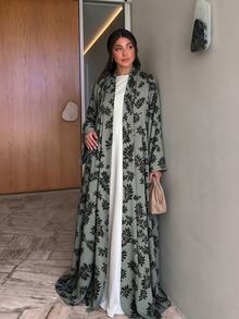 Yasmyna 女款優雅端莊 Mimosa 鼠尾草綠葉印花前開襟 Abaya 長袍，寬喇叭袖寬鬆版型，伊斯蘭服飾，適合辦公室、早晨、秋季 - 薄荷綠 - 查看 1