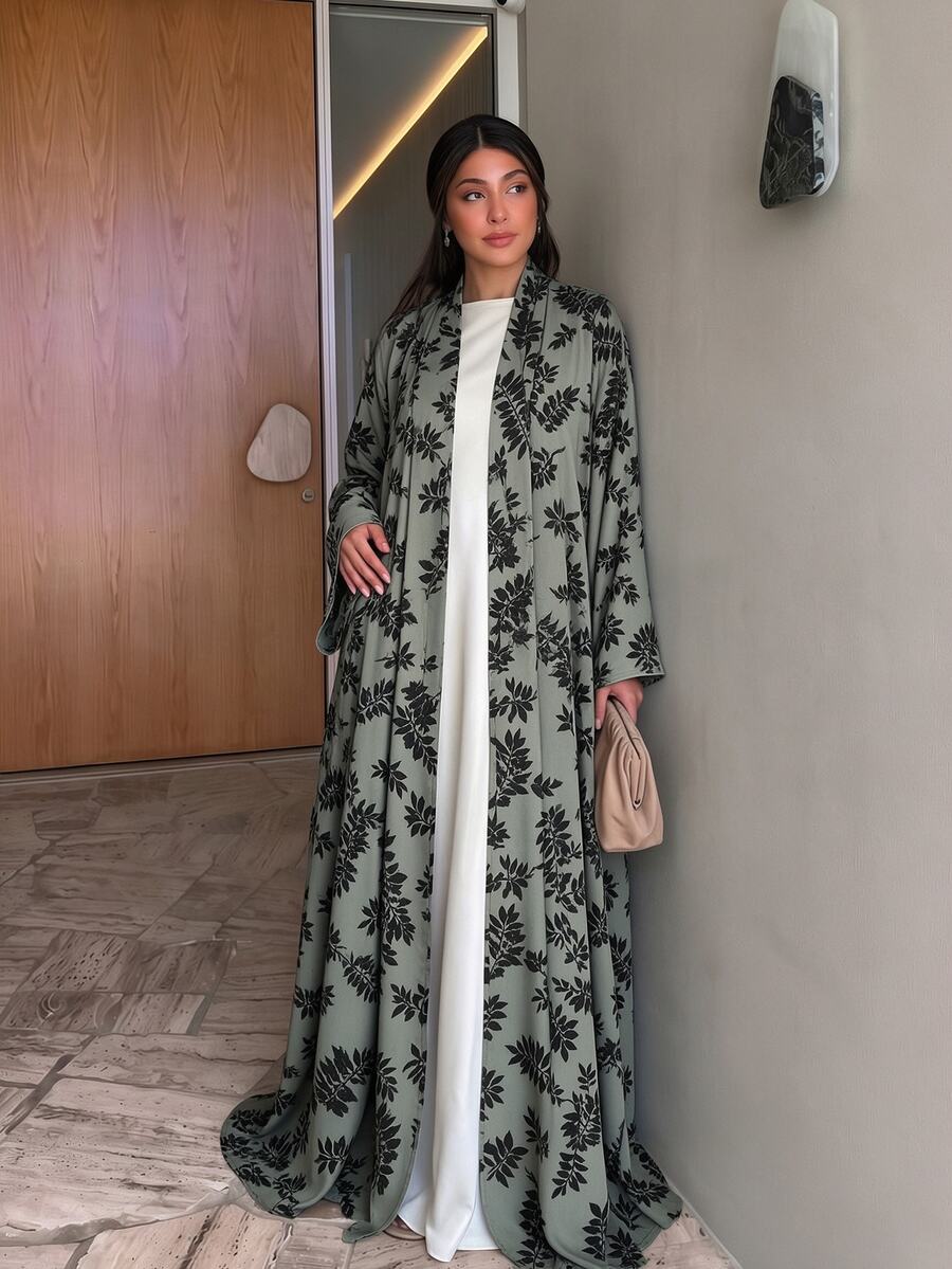 Yasmyna 女款優雅端莊 Mimosa 鼠尾草綠葉印花前開襟 Abaya 長袍,寬喇叭袖寬鬆版型,伊斯蘭服飾,適合辦公室、早晨、秋季 - 薄荷綠 - 查看 1