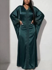 Veilorie 女款優雅純色蕾絲拼接蝙蝠袖洋裝 晚宴咖啡棕色 秋季 - 墨綠色 - 查看 8