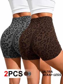 SHEIN Cheerettes Leopard Print High Waist Slim Fit Sports Shorts - Multicolor - View 13