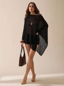 SHEIN Tall Women's Solid Color Asymmetrical Hem Casual Pullover Sweater, Versatile Everyday Wear - Black - View 1