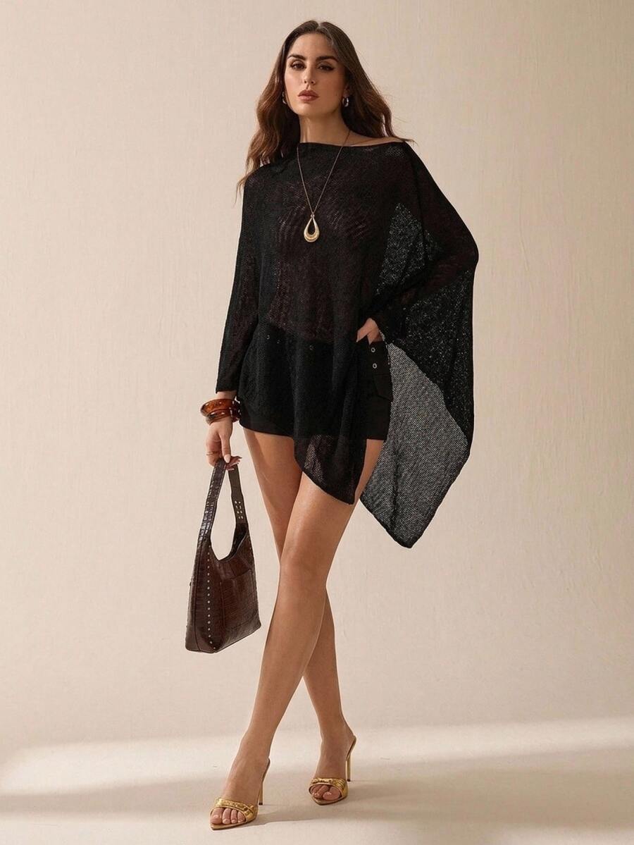 SHEIN Tall Women's Solid Color Asymmetrical Hem Casual Pullover Sweater, Versatile Everyday Wear - Black - View 1