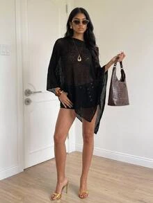 SHEIN Tall Women's Solid Color Asymmetrical Hem Casual Pullover Sweater, Versatile Everyday Wear - Black - View 4