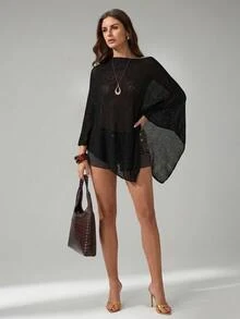 SHEIN Tall Women's Solid Color Asymmetrical Hem Casual Pullover Sweater, Versatile Everyday Wear - Black - View 2