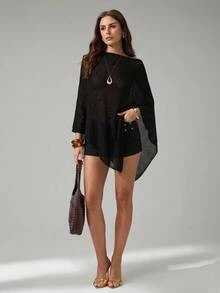 SHEIN Tall Women's Solid Color Asymmetrical Hem Casual Pullover Sweater, Versatile Everyday Wear - Black - View 5