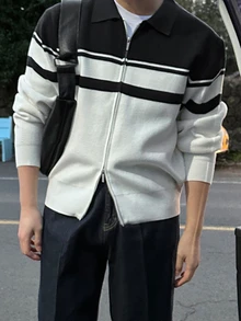 DAZY Autumn/Winter Metal Double Zipper Lapel Black & White Colorblock Korean Style Casual Men's Cardigan - Multicolor - View 6