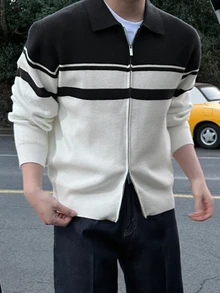 DAZY Autumn/Winter Metal Double Zipper Lapel Black & White Colorblock Korean Style Casual Men's Cardigan - Multicolor - View 4