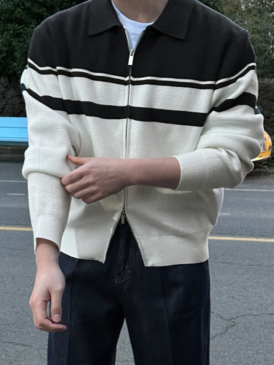 DAZY Autumn/Winter Metal Double Zipper Lapel Black & White Colorblock Korean Style Casual Men's Cardigan - Multicolor - View 1