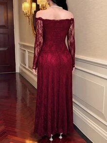 Feyla Women's Elegant Fishbone Waist Lace Patchwork Dress - Burgundy - View 2