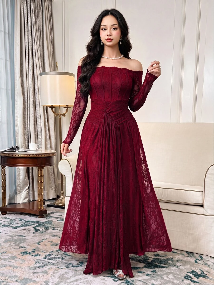 Feyla Women's Elegant Fishbone Waist Lace Patchwork Dress - Burgundy - View 1