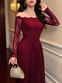 Feyla Women's Elegant Fishbone Waist Lace Patchwork Dress - Burgundy - View 3