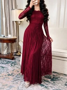 Feyla Women's Elegant Fishbone Waist Lace Patchwork Dress - Burgundy - View 6