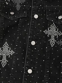 Tween-pojke glittrande paljettjacka med korsmönster i svart denim, lös och bekväm, långärmad - Svart - Visa 3