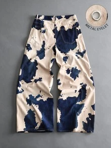 ROMWE MEN Street Life Men's Loose Fit Denim Jeans With Metal Button Decor And Cow Print - Multicolor - View 2