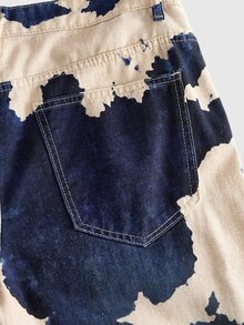 ROMWE MEN Street Life Men's Loose Fit Denim Jeans With Metal Button Decor And Cow Print - Multicolor - View 5